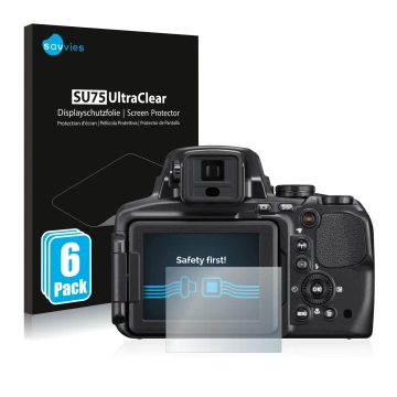 Vorderseite einer Produktverpackung mit dem Markenlogo Savvies. Daneben ist das Gerät Nikon Coolpix P900 mit dem zugehörigen D