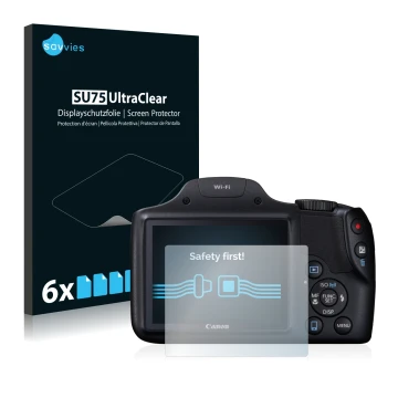 Vorderseite einer Produktverpackung mit dem Markenlogo Savvies. Daneben ist das Gerät Canon PowerShot SX530 HS mit dem zugehör