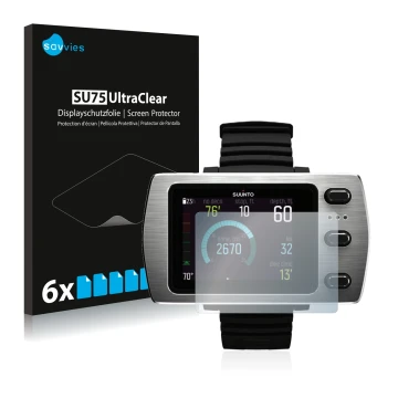 Vorderseite einer Produktverpackung mit dem Markenlogo Savvies. Daneben ist das Gerät Suunto Eon Steel mit dem zugehörigen Dis