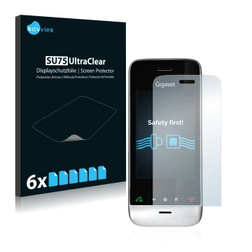 Vorderseite einer Produktverpackung mit dem Markenlogo Savvies. Daneben ist das Gerät Gigaset SL910 (längliche Aussparung) mit