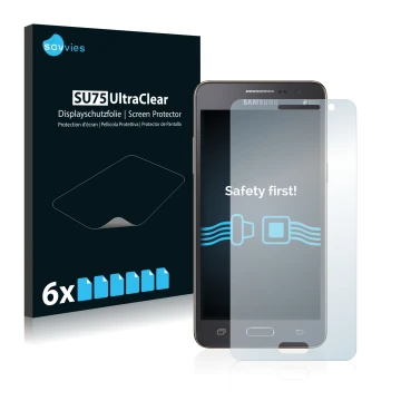 Vorderseite einer Produktverpackung mit dem Markenlogo Savvies. Daneben ist das Gerät Samsung Galaxy Grand Prime SM-G530FZ mit