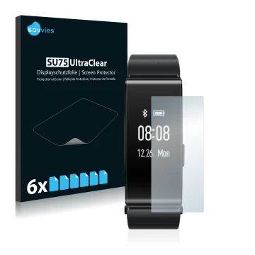 Vorderseite einer Produktverpackung mit dem Markenlogo Savvies. Daneben ist das Gerät Huawei TalkBand B2 mit dem zugehörigen D