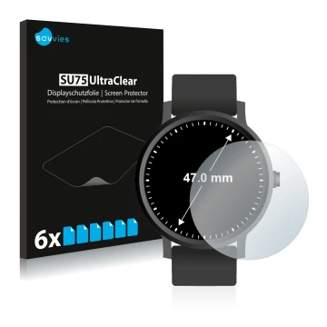 Vorderseite einer Produktverpackung mit dem Markenlogo Savvies. Daneben ist das Gerät Armbanduhren (Kreisrund, ø: 47 mm) mit d