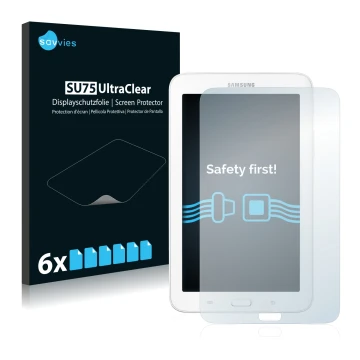 Vorderseite einer Produktverpackung mit dem Markenlogo Savvies. Daneben ist das Gerät Samsung Galaxy Tab 3 SM-T113 mit dem zug