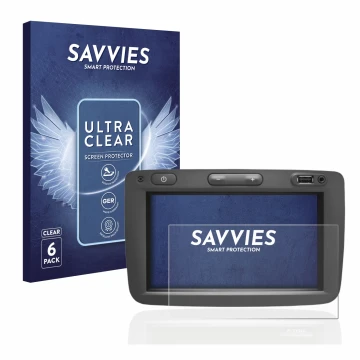 Vorderseite einer Produktverpackung mit dem Markenlogo Savvies. Daneben ist das Gerät Dacia Media Nav mit dem zugehörigen Disp