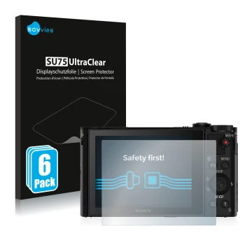 Vorderseite einer Produktverpackung mit dem Markenlogo Savvies. Daneben ist das Gerät Sony Cyber-Shot DSC-HX90 mit dem zugehör