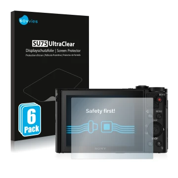 Vorderseite einer Produktverpackung mit dem Markenlogo Savvies. Daneben ist das Gerät Sony Cyber-Shot DSC-HX90V mit dem zugehö