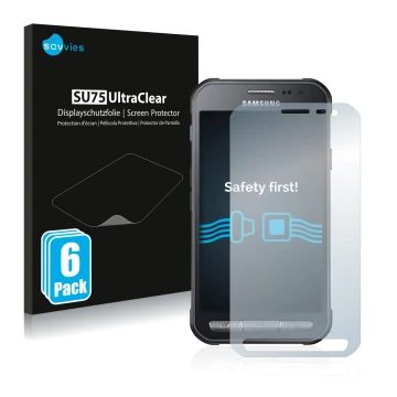 Vorderseite einer Produktverpackung mit dem Markenlogo Savvies. Daneben ist das Gerät Samsung Galaxy XCover 3 mit dem zugehöri