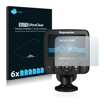 Vorderseite einer Produktverpackung mit dem Markenlogo Savvies. Daneben ist das Gerät Raymarine Dragonfly 5 mit dem zugehörige