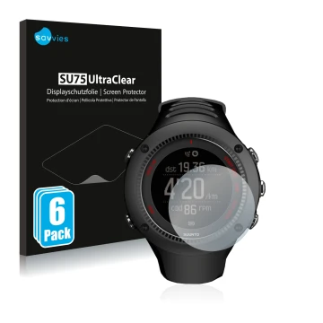 Vorderseite einer Produktverpackung mit dem Markenlogo Savvies. Daneben ist das Gerät Suunto Ambit3 Run Black mit dem zugehöri