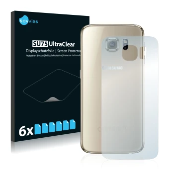 Vorderseite einer Produktverpackung mit dem Markenlogo Savvies. Daneben ist das Gerät Samsung SM-G920F (Rückseite) mit dem zug