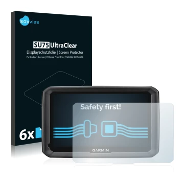 Vorderseite einer Produktverpackung mit dem Markenlogo Savvies. Daneben ist das Gerät Garmin dezl 770 LMT-D mit dem zugehörige