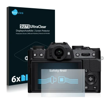 Vorderseite einer Produktverpackung mit dem Markenlogo Savvies. Daneben ist das Gerät Fujifilm X-T10 mit dem zugehörigen Displ