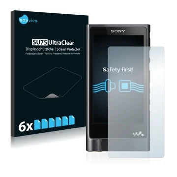 Vorderseite einer Produktverpackung mit dem Markenlogo Savvies. Daneben ist das Gerät Sony Walkman NW-ZX2 mit dem zugehörigen 