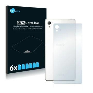 Vorderseite einer Produktverpackung mit dem Markenlogo Savvies. Daneben ist das Gerät Sony Xperia Z4 (Rückseite) mit dem zugeh