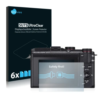 Vorderseite einer Produktverpackung mit dem Markenlogo Savvies. Daneben ist das Gerät Canon PowerShot G3 X mit dem zugehörigen