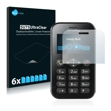 Vorderseite einer Produktverpackung mit dem Markenlogo Savvies. Daneben ist das Gerät Simvalley Mobile RX-484 Pico mit dem zug