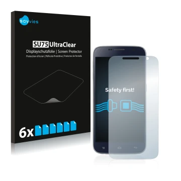 Vorderseite einer Produktverpackung mit dem Markenlogo Savvies. Daneben ist das Gerät Landvo L8 mit dem zugehörigen Displaysch