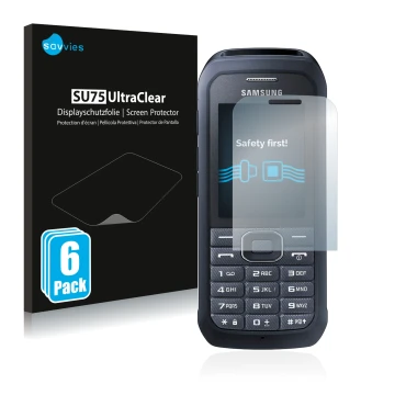 Vorderseite einer Produktverpackung mit dem Markenlogo Savvies. Daneben ist das Gerät Samsung Xcover 550 mit dem zugehörigen D