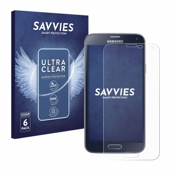 Vorderseite einer Produktverpackung mit dem Markenlogo Savvies. Daneben ist das Gerät Samsung Galaxy S5 Neo mit dem zugehörige