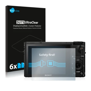 Vorderseite einer Produktverpackung mit dem Markenlogo Savvies. Daneben ist das Gerät Sony Cyber-Shot DSC-RX100 IV mit dem zug