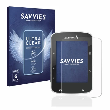Vorderseite einer Produktverpackung mit dem Markenlogo Savvies. Daneben ist das Gerät Garmin Edge 520 mit dem zugehörigen Disp