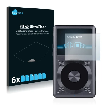 Vorderseite einer Produktverpackung mit dem Markenlogo Savvies. Daneben ist das Gerät FiiO X3 II mit dem zugehörigen Displaysc