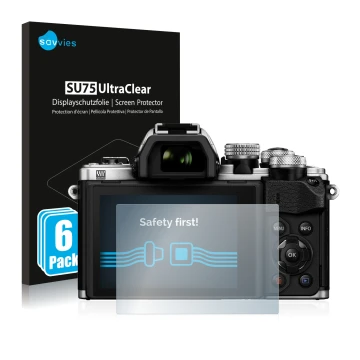 Vorderseite einer Produktverpackung mit dem Markenlogo Savvies. Daneben ist das Gerät Olympus OM-D E-M10 Mark II mit dem zugeh