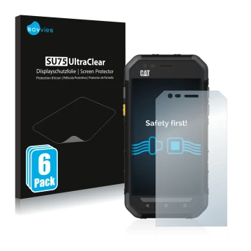Vorderseite einer Produktverpackung mit dem Markenlogo Savvies. Daneben ist das Gerät Caterpillar Cat S30 mit dem zugehörigen 