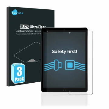 Vorderseite einer Produktverpackung mit dem Markenlogo Savvies. Daneben ist das Gerät Apple iPad Pro 12.9