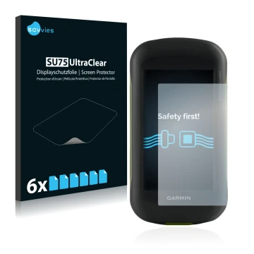 Vorderseite einer Produktverpackung mit dem Markenlogo Savvies. Daneben ist das Gerät Garmin Montana 610 mit dem zugehörigen D