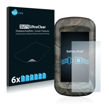 Vorderseite einer Produktverpackung mit dem Markenlogo Savvies. Daneben ist das Gerät Garmin Montana 680t mit dem zugehörigen 
