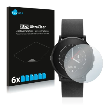 Vorderseite einer Produktverpackung mit dem Markenlogo Savvies. Daneben ist das Gerät Pebble Time Round mit dem zugehörigen Di