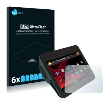 Vorderseite einer Produktverpackung mit dem Markenlogo Savvies. Daneben ist das Gerät Xoro HMT 360 mit dem zugehörigen Display