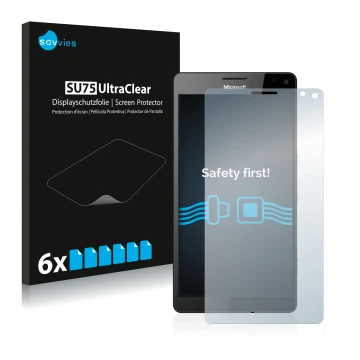 Vorderseite einer Produktverpackung mit dem Markenlogo Savvies. Daneben ist das Gerät Microsoft Lumia 950 XL mit dem zugehörig