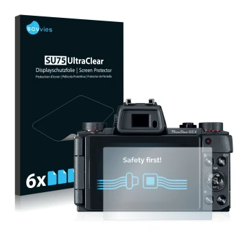 Vorderseite einer Produktverpackung mit dem Markenlogo Savvies. Daneben ist das Gerät Canon PowerShot G5 X mit dem zugehörigen