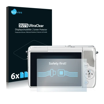 Vorderseite einer Produktverpackung mit dem Markenlogo Savvies. Daneben ist das Gerät Canon EOS M10 mit dem zugehörigen Displa