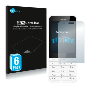 Vorderseite einer Produktverpackung mit dem Markenlogo Savvies. Daneben ist das Gerät Nokia 230 mit dem zugehörigen Displaysch