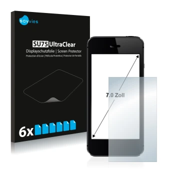 Vorderseite einer Produktverpackung mit dem Markenlogo Savvies. Daneben ist das Gerät mit dem zugehörigen Displayschutz abgebi