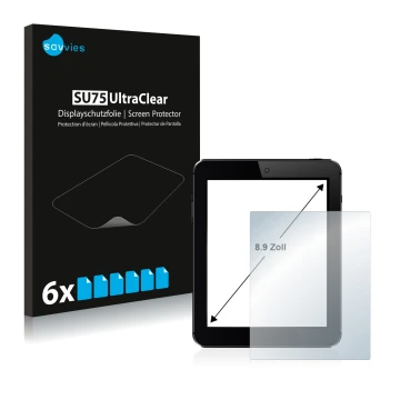 Vorderseite einer Produktverpackung mit dem Markenlogo Savvies. Daneben ist das Gerät mit dem zugehörigen Displayschutz abgebi