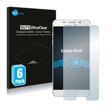 Vorderseite einer Produktverpackung mit dem Markenlogo Savvies. Daneben ist das Gerät Samsung Galaxy A5 2016 mit dem zugehörig
