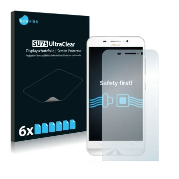 Vorderseite einer Produktverpackung mit dem Markenlogo Savvies. Daneben ist das Gerät ASUS ZenFone Max ZC550KL mit dem zugehör