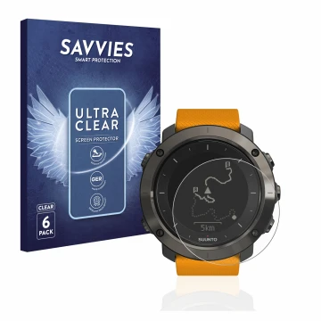 Vorderseite einer Produktverpackung mit dem Markenlogo Savvies. Daneben ist das Gerät Suunto Traverse mit dem zugehörigen Disp