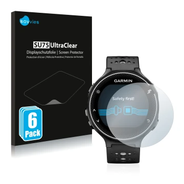 Vorderseite einer Produktverpackung mit dem Markenlogo Savvies. Daneben ist das Gerät Garmin Forerunner 230 mit dem zugehörige