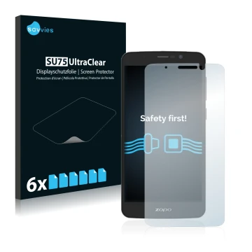Vorderseite einer Produktverpackung mit dem Markenlogo Savvies. Daneben ist das Gerät Zopo Color S5.5 mit dem zugehörigen Disp