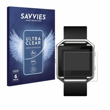 Vorderseite einer Produktverpackung mit dem Markenlogo Savvies. Daneben ist das Gerät Fitbit Blaze mit dem zugehörigen Display