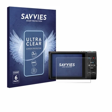 Vorderseite einer Produktverpackung mit dem Markenlogo Savvies. Daneben ist das Gerät Canon Digital Ixus 285 hs mit dem zugehö