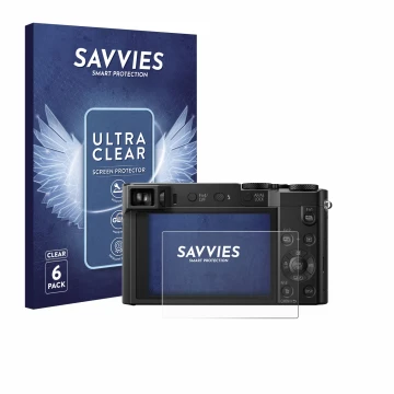 Vorderseite einer Produktverpackung mit dem Markenlogo Savvies. Daneben ist das Gerät Panasonic Lumix DMC-TZ101 mit dem zugehö