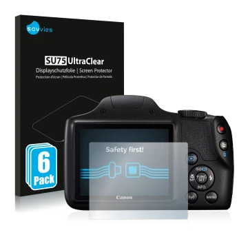 Vorderseite einer Produktverpackung mit dem Markenlogo Savvies. Daneben ist das Gerät Canon PowerShot SX540 HS mit dem zugehör