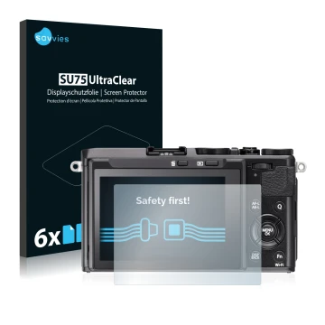 Vorderseite einer Produktverpackung mit dem Markenlogo Savvies. Daneben ist das Gerät Fujifilm FinePix X70 mit dem zugehörigen